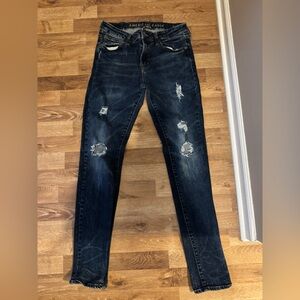 American Eagle Outfitters Men's Dark Blue Distressed Skinny Jeans